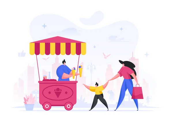 Žena s dítětem koupit zmrzlinu v pouličním kiosku vektorové ilustrace. Radostné dítě postava táhne matku na zmrzlinu stojan. — Stockový vektor