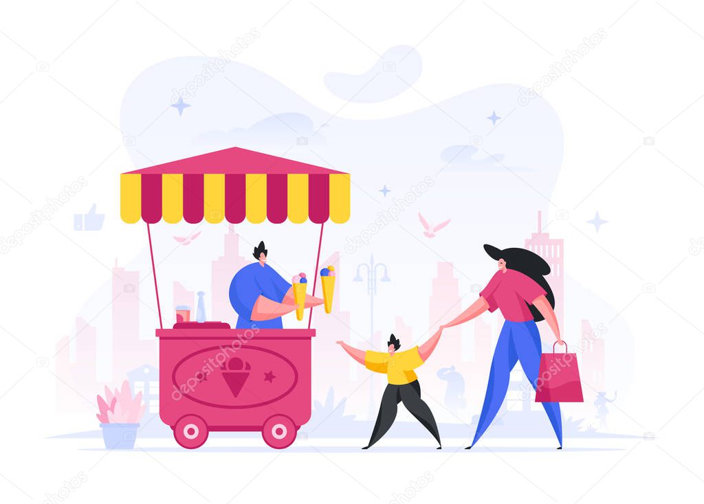 Woman with child buy ice cream in street kiosk vector illustration. Joyful child character drags mother to ice cream stand.