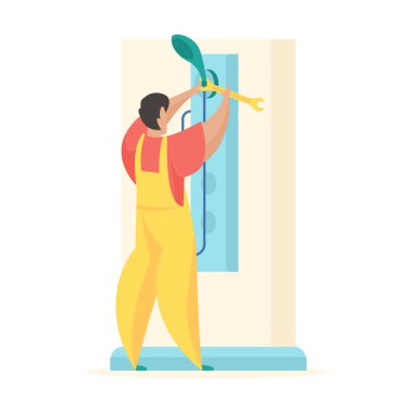 Duş kabinini tamir et. Üniformalı bir adam ingiliz anahtarıyla duş alabilir.