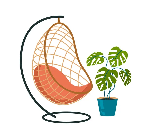 Hanging chair and tropical natural plant in pot. Vintage wicker hammock with interior green lush caladium — Stock Vector