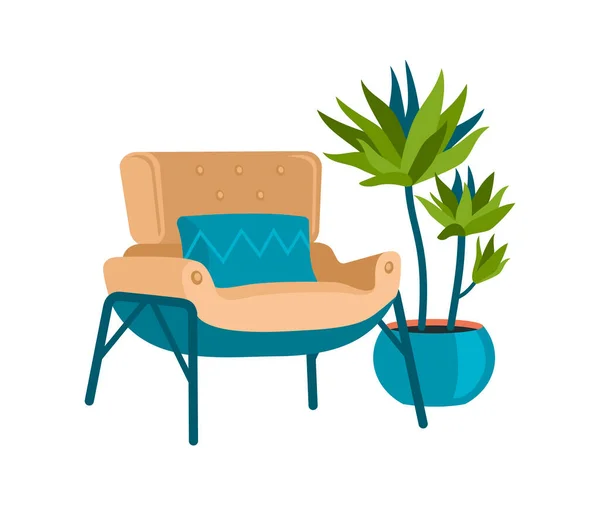 Sillón vintage y palmera decorativa en maceta. Silla suave en estilo escandinavo con cojín azul — Archivo Imágenes Vectoriales