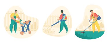 Bahçe ve bahçe temizleme seti. Erkek karakter çimleri budayıcı ile biçiyor ve bahçe süpürgesiyle yaprakları temizliyor.