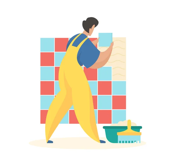 Colocando azulejos de pared. Hombre en pegamentos uniformes cuadrados superficie y lavabo con mortero en el suelo — Archivo Imágenes Vectoriales