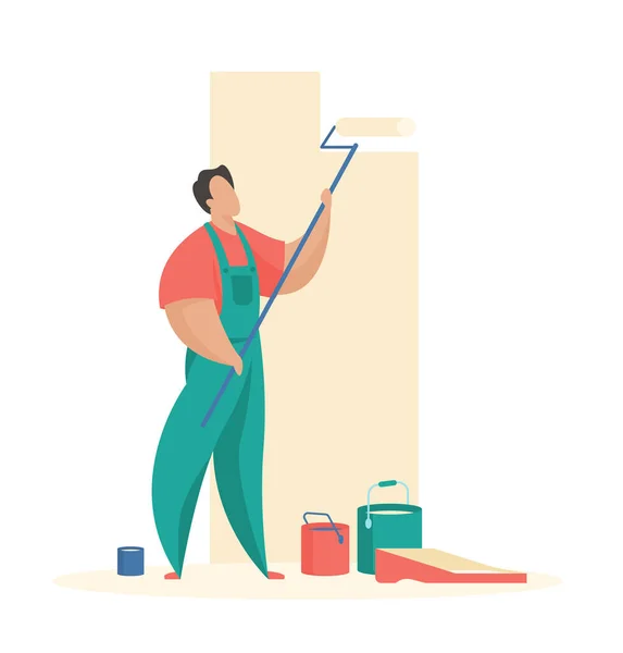 El hombre pinta la pared con rodillo. Pintura profesional de interior apartamento y locales — Vector de stock