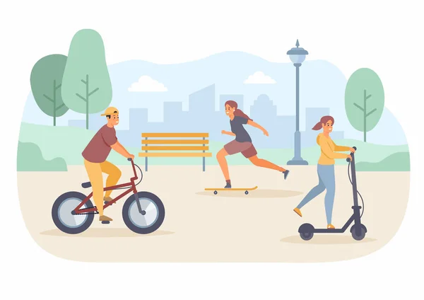 İnsanlar parkta geziyor. Beyzbol şapkalı adam bisiklet sürüyor. — Stok Vektör