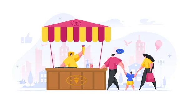 La gente compra helado en el quiosco de la calle ilustración plana. — Vector de stock