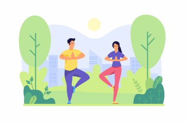 Park 'ta yoga dersi. Genç erkek ve kadın karakter ağaç duruşu yaparlar.