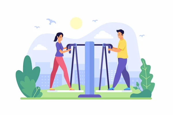 Exercite caminhantes no parque. Cara com menina envolvida em simulador de fitness ao ar livre —  Vetores de Stock
