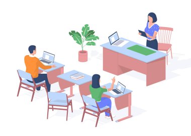 Modern sınıfta öğretmenlik dersleri. Öğrenciler dizüstü bilgisayarlı ve kitaplı masalarda oturuyorlar