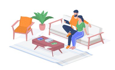 Evde uzaktan öğrenme. Kız ve erkek tabletlerle kanepede oturuyor.