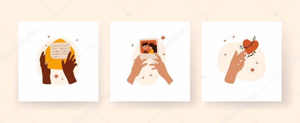 Boho hands holding letters and photograph. Opened abstract envelope with note