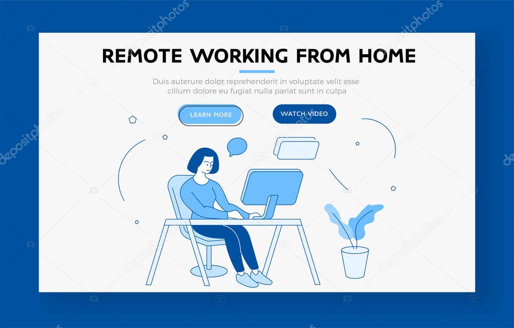 Remote work from home. Woman works at computer in room