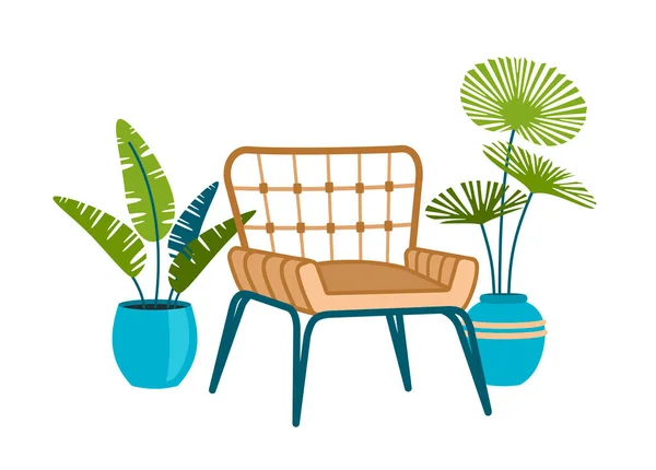 鍋に熱帯植物とウィッカーアームチェア。現代のスカンディナヴィア様式のスタイリッシュな家具 — ストックベクタ