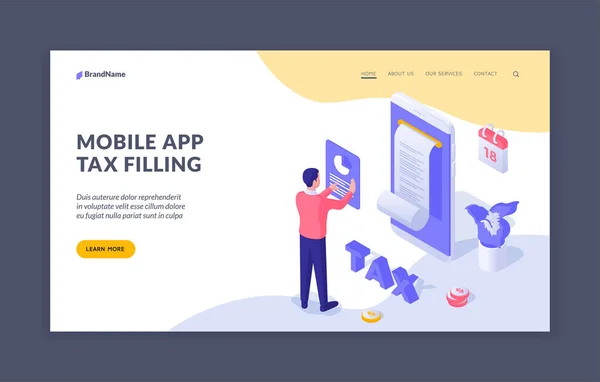 在移动应用中填写财务文件。男子透过网站提交报税表 — 图库矢量图片