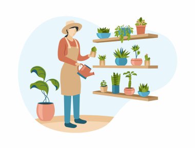 Kapalı alan çiçekleri içindeki şapkalı kadın. Fıskiyeli ve önlüklü kadın karakter kaktüslü rafın yanında duruyor.