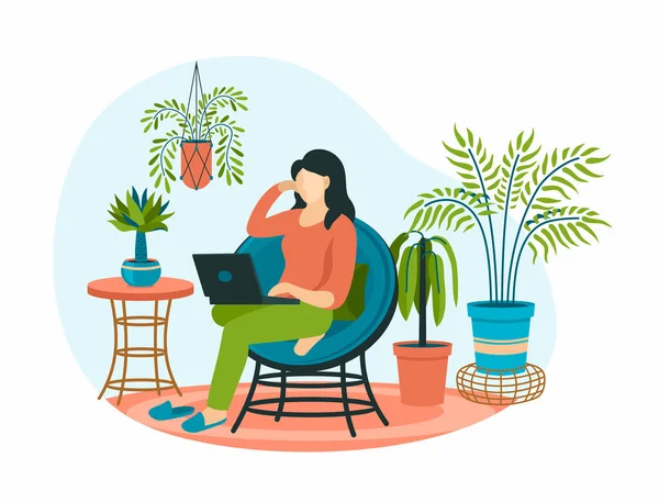 Mujer con portátil en sillón en estilo escandinavo. Personaje femenino viendo vídeo en línea en silla tapizada vintage — Vector de stock