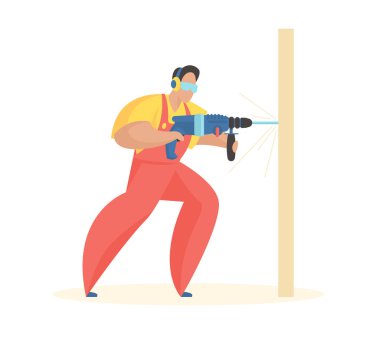 Elektrikli matkaplı adam. Bağlayıcılar ve kendi kendine tıkırdayan vidalar için hızlı yumruk delikleri