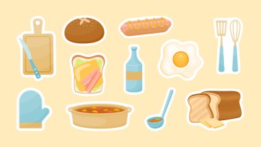 Yemek yapışkanları. Lezzetli omlet ve dilimlenmiş ekmek.