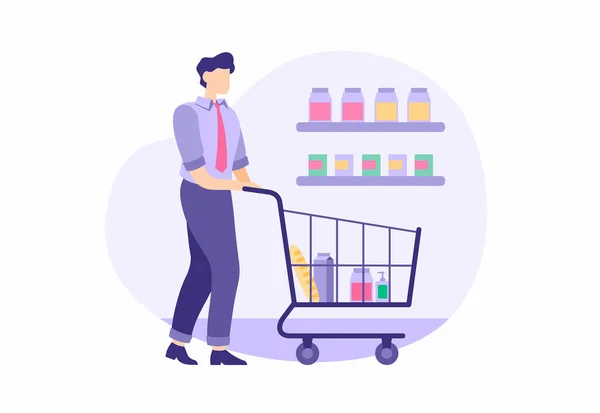 L'homme achète des courses après le travail. Personnage masculin en costume d'affaires porte chariot de nourriture — Image vectorielle