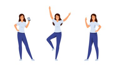 Neşeli, çekici kadın seti. Tişört ve kot giyen güzel kız yeni bir akıllı telefon gösteriyor.