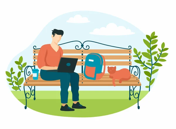 公園のベンチにノートパソコンを持った男。緑の芝生の上でコーヒーを飲みながら屋外で走る男性キャラクター — ストックベクタ