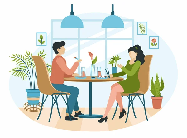Cena romantica in ambiente scandinavo di casa. Donna e uomo mangiare sushi a tavola in camera — Vettoriale Stock