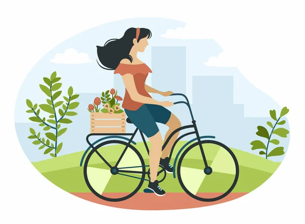 Όμορφη γυναίκα κάνει ποδήλατο στο πάρκο. Μοντέρνο κορίτσι ταξιδεύει γύρω από την πόλη με το κουτί των λουλουδιών στο πορτ-μπαγκάζ — Διανυσματικό Αρχείο