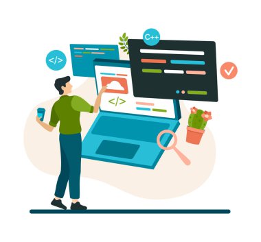 Programcı program kodu ve bulut servisi ile çalışır. Elinde kahve olan adam çevrimiçi başvuru yapıyor.