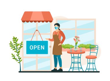 Salgından sonra restoran açılışı. Maskeli ve önlüklü kadın herkesi kafeye davet ediyor.