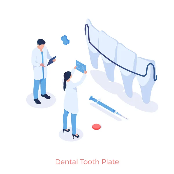 Tandartspraktijk in de tandheelkunde. Tandartsen kijken naar röntgenfoto 's van de mond te plaatsen kaak beugels — Stockvector