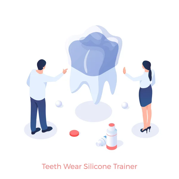 Allenatore in silicone contro l'usura dei denti. Installazione pad esercitatore dentale — Vettoriale Stock