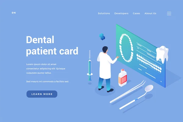 Tarjeta dental digital para pacientes. Dentista examina clientes tomogramas dentales en el documento de atención médica en línea — Vector de stock