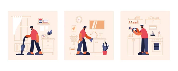 El hombre limpia el conjunto de ilustración de apartamento. Personaje masculino en zapatillas que aspiran la alfombra y limpian cuidadosamente la mesita de noche con polvo. Vector De Stock