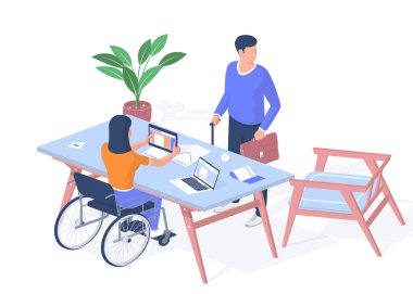 Engelli insanlar eğitim alırlar. Tabletli tekerlekli sandalyedeki kadın ders çalışıyor.