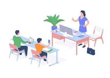 Konferans salonunda dijital eğitim dersi. Dizüstü bilgisayarı ve akıllı telefonu olan öğrenciler için dinleme dersi