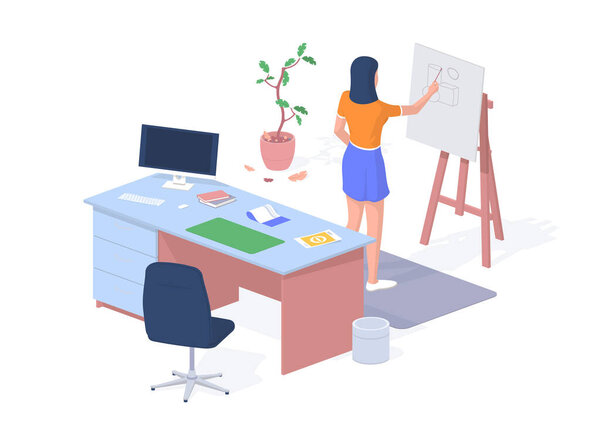 Студент разрабатывает архитектурный проект. Рабочий стол с компьютером и вычислениями