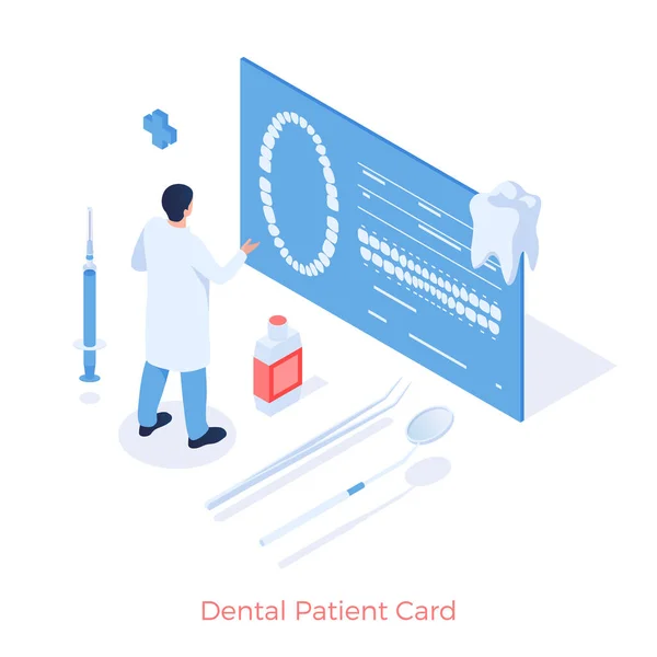 Scheda dentale digitale del paziente. Medico esamina i clienti tomogrammi odontoiatria sul documento sanitario online — Vettoriale Stock