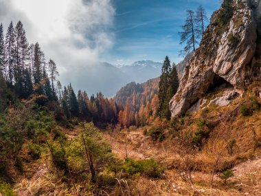 Ekim ayında Val Pesarina, Friuli-Venezia Giulia dağlarında yürüyüş.