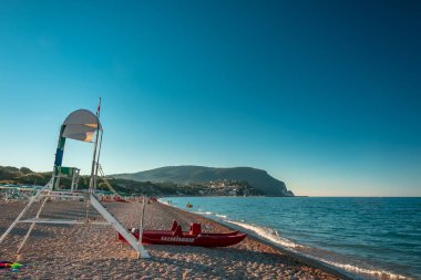 Sahilde cankurtaran önemlidir. Numana, Ancona Eyaleti, Marche Bölgesi, İtalya