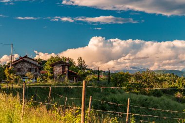Rosazzo, Udine, Friuli Venezia-Giulia üzüm bağlarında renkli günbatımı