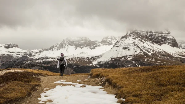 Trekking de chica en el bosque — Foto de Stock