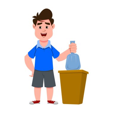 Yakışıklı çocuk çöp kutusuna plastik torba atıyor.