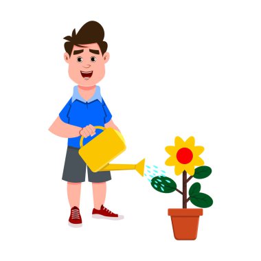Çiçekleri sulayan tatlı çocuk.