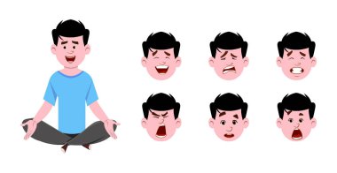 Genç adam yoga pozisyonunda oturup meditasyon yapıyor. Farklı yüz ifadeleri olan modern bir genç adam. 