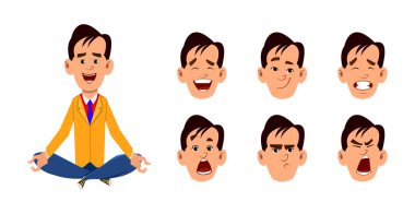 Genç adam meditasyon yapıyor ya da yoga yapıyor. Farklı yüz ifadeleri olan genç bir adam. .