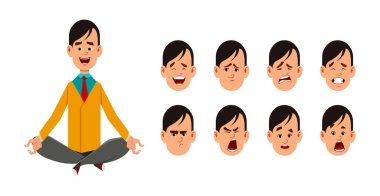Genç adam yoga pozisyonunda ya da meditasyon yapıyor. Farklı yüz ifadeleri olan genç bir adam. .
