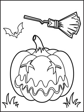 Cadılar Bayramı boyama sayfası illüstrasyonu. Cadılar Bayramı arkaplan mezarlığı, Cadılar Bayramı balkabakları ve boyama sayfası için ana hatlarıyla. Yetişkinler ve çocuklar için Cadılar Bayramı boyama sayfası 25.