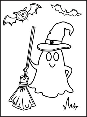 Cadılar Bayramı boyama sayfası illüstrasyonu. Cadılar Bayramı arkaplan mezarlığı, Cadılar Bayramı balkabakları ve boyama sayfası için ana hatlarıyla. Yetişkinler ve çocuklar için Cadılar Bayramı boyama sayfası 23.