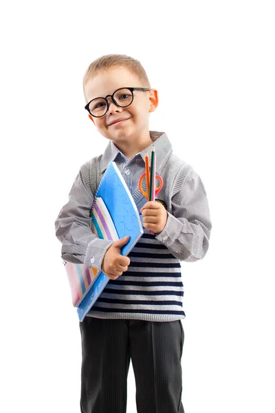 Schoolboy in glasses holding book — Stock Photo, Image