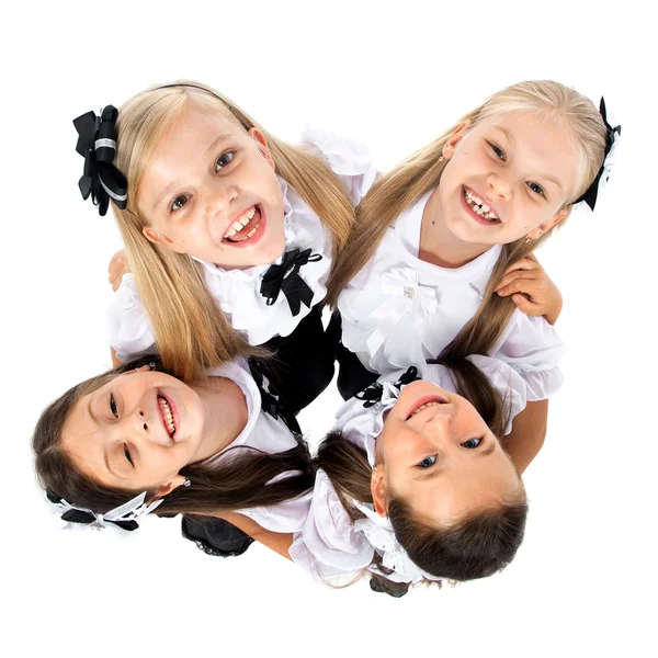 Group of smiling schoolgirls, isolated on white background — Stock Photo, Image